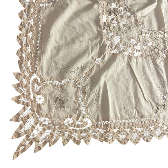 VTG Battenberg Cutwork Lace Ivory Linen Tablecloth Hand Embroidered W/6 Napkins - Picture 6 of 16